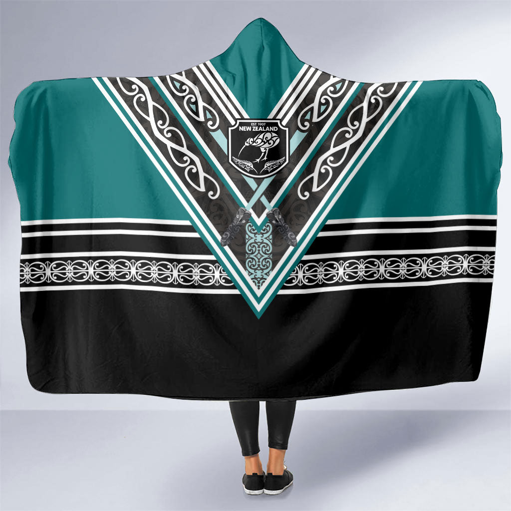 New Zealand Maori Rugby Hooded Blanket Aotearoa Koru Geometric - Oceanic Color LT03 One Size Turquoise - Polynesian Pride