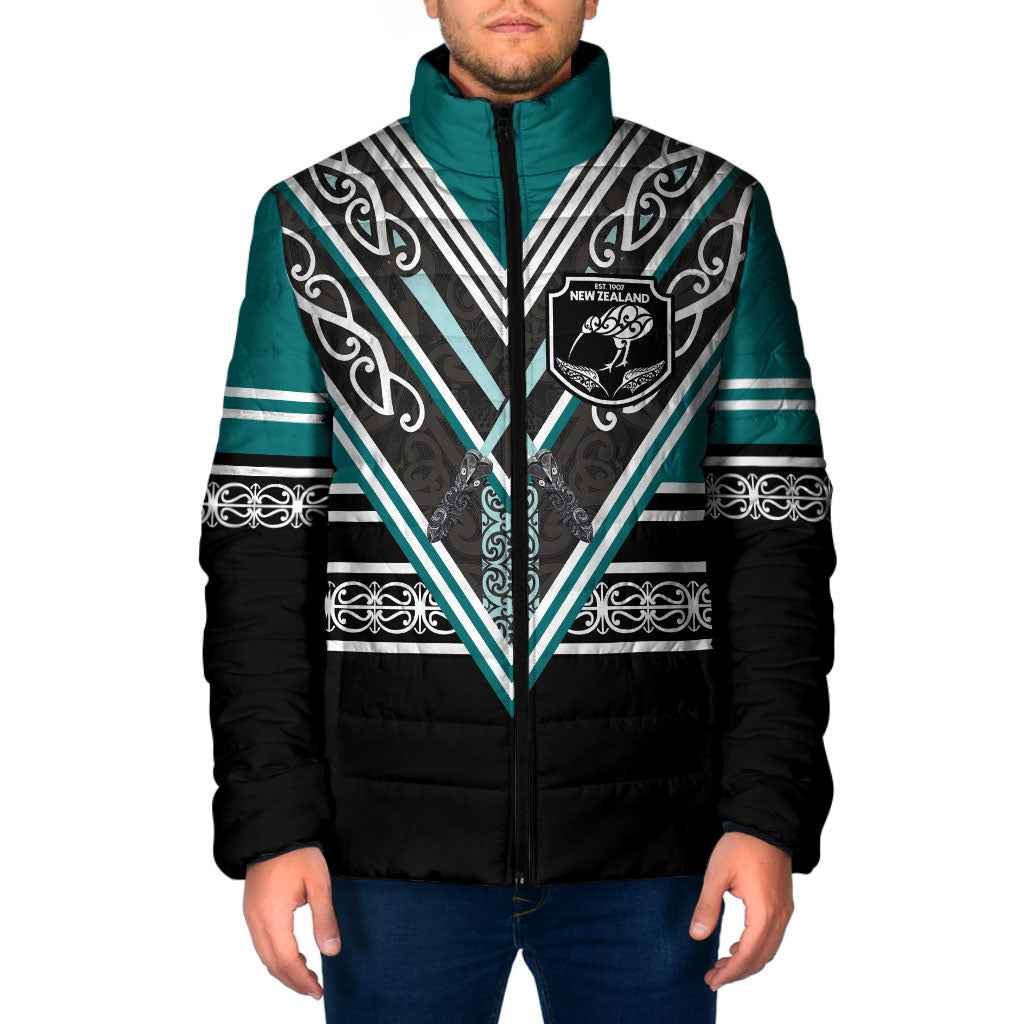 New Zealand Maori Rugby Custom Padded Jacket Aotearoa Koru Geometric - Oceanic Color LT03 Men Turquoise - Polynesian Pride