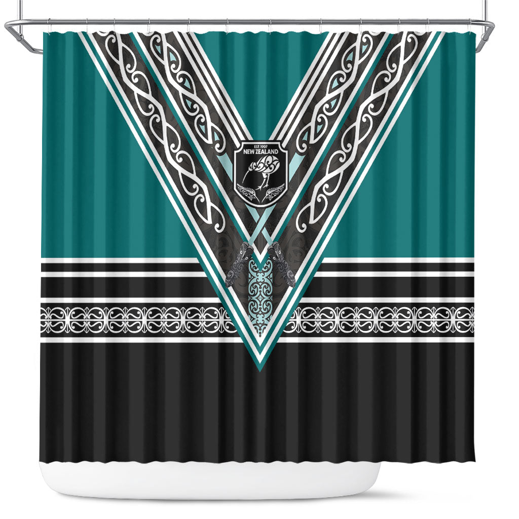 New Zealand Maori Rugby Shower Curtain Aotearoa Koru Geometric - Oceanic Color LT03 Turquoise - Polynesian Pride