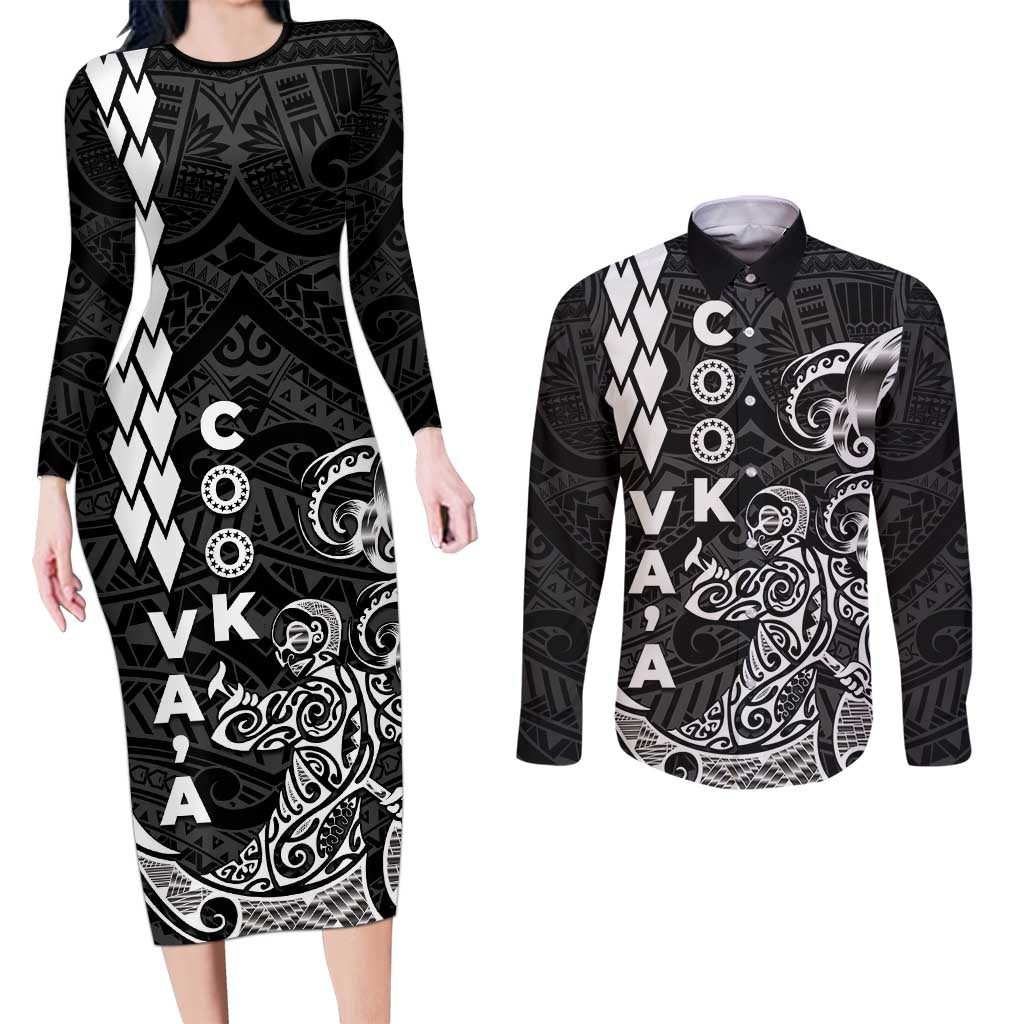 Cook Islands Vaa Polynesian Art Tattoo Couples Matching Long Sleeve Bodycon Dress and Long Sleeve Button Shirt Black Color