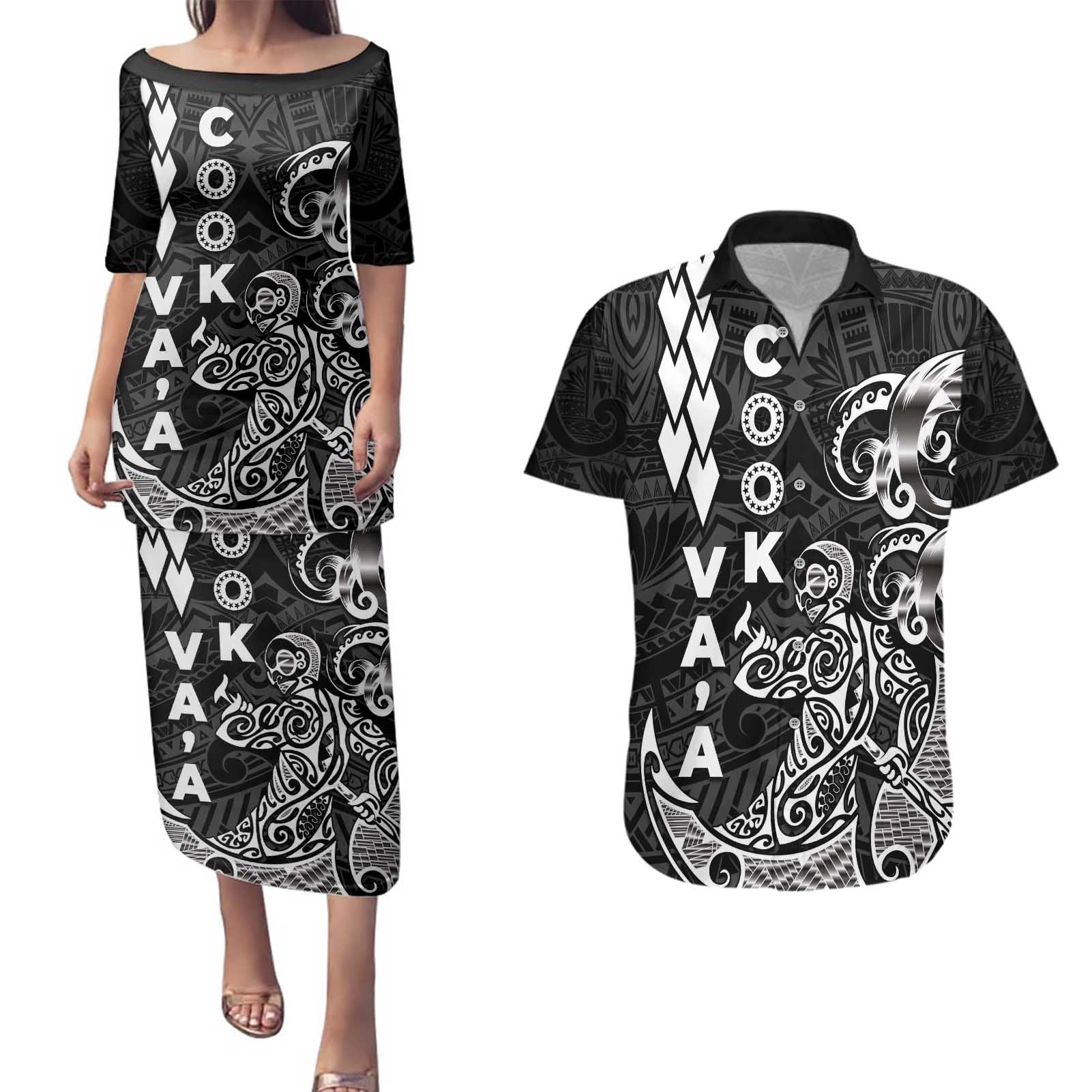 Cook Islands Vaa Polynesian Art Tattoo Couples Matching Puletasi and Hawaiian Shirt Black Color