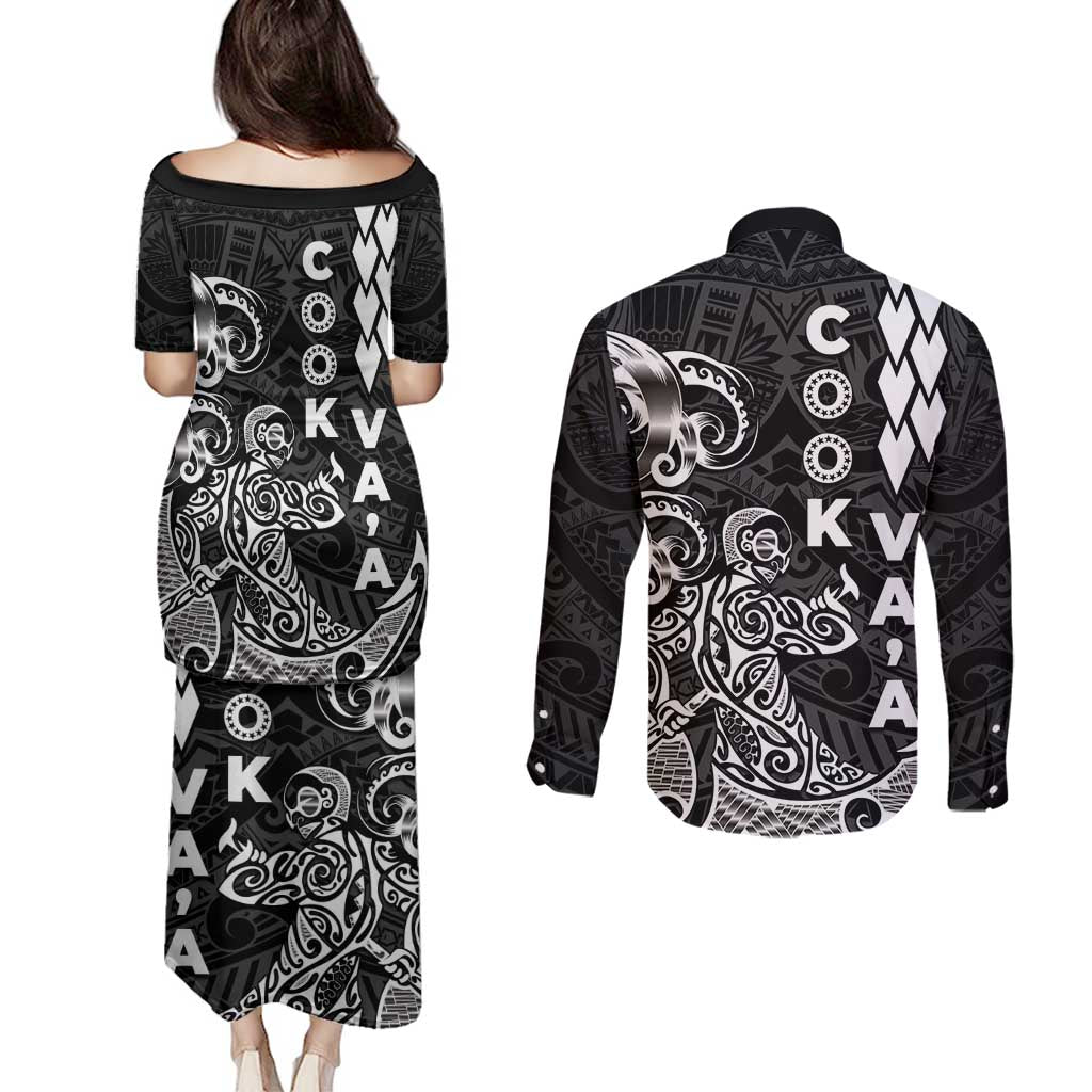 Cook Islands Vaa Polynesian Art Tattoo Couples Matching Puletasi and Long Sleeve Button Shirt Black Color