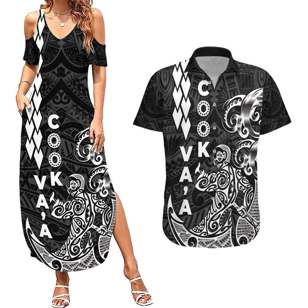 Cook Islands Vaa Polynesian Art Tattoo Couples Matching Summer Maxi Dress and Hawaiian Shirt Black Color