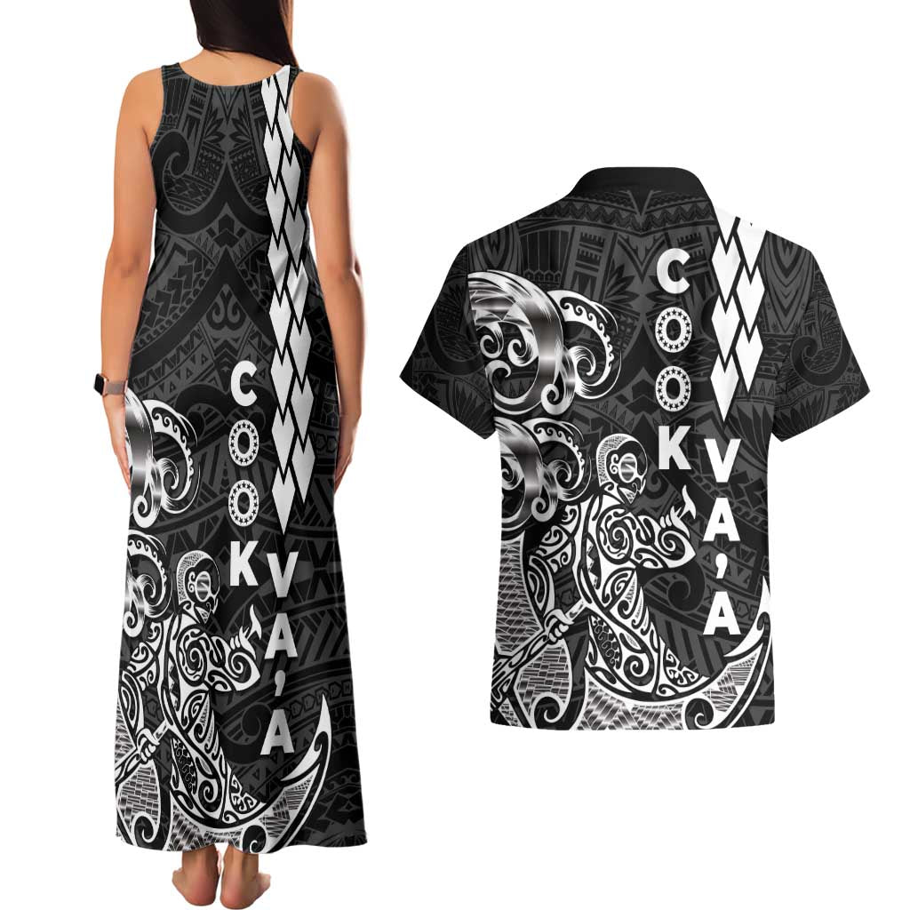 Cook Islands Vaa Polynesian Art Tattoo Couples Matching Tank Maxi Dress and Hawaiian Shirt Black Color