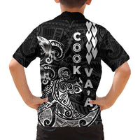 Cook Islands Vaa Polynesian Art Tattoo Family Matching Off The Shoulder Long Sleeve Dress and Hawaiian Shirt Black Color