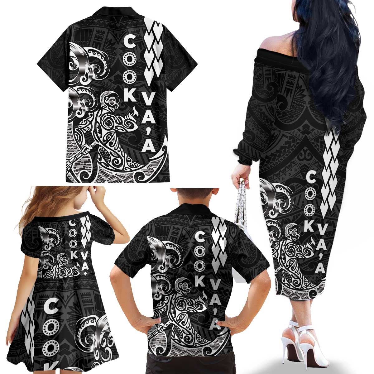 Cook Islands Vaa Polynesian Art Tattoo Family Matching Off The Shoulder Long Sleeve Dress and Hawaiian Shirt Black Color