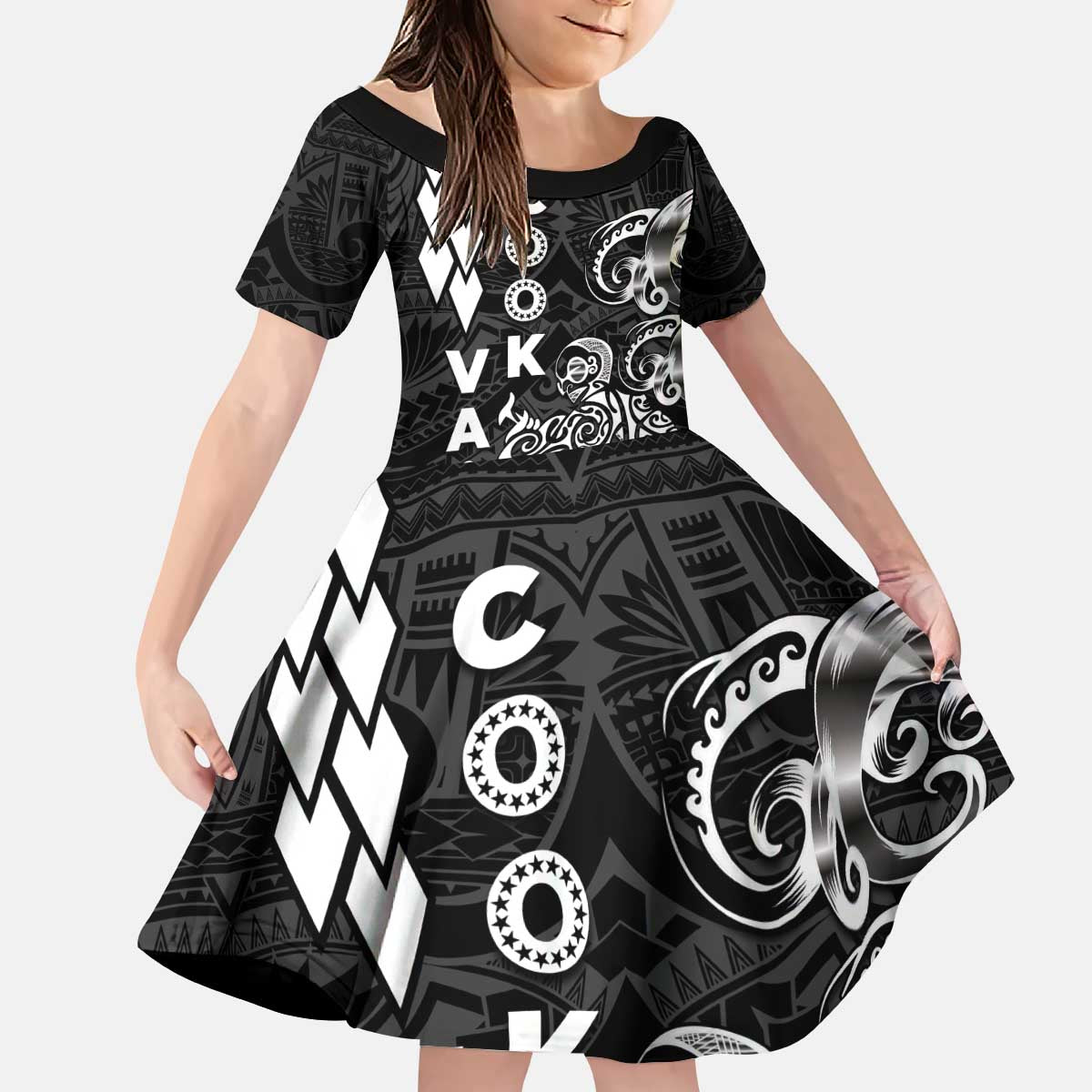 Cook Islands Va'a Polynesian Art Tattoo Kid Short Sleeve Dress Black Color LT03 KID Black - Polynesian Pride