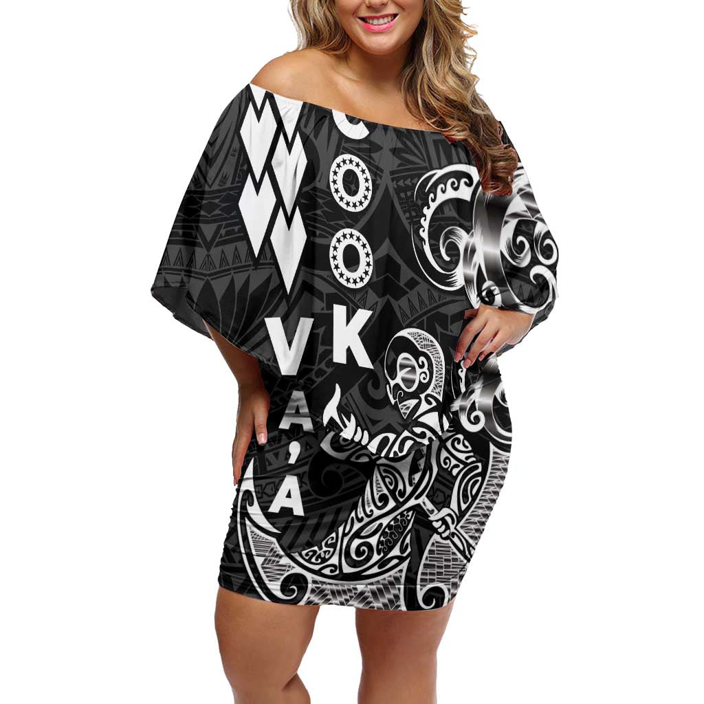 Cook Islands Vaa Polynesian Art Tattoo Off Shoulder Short Dress Black Color