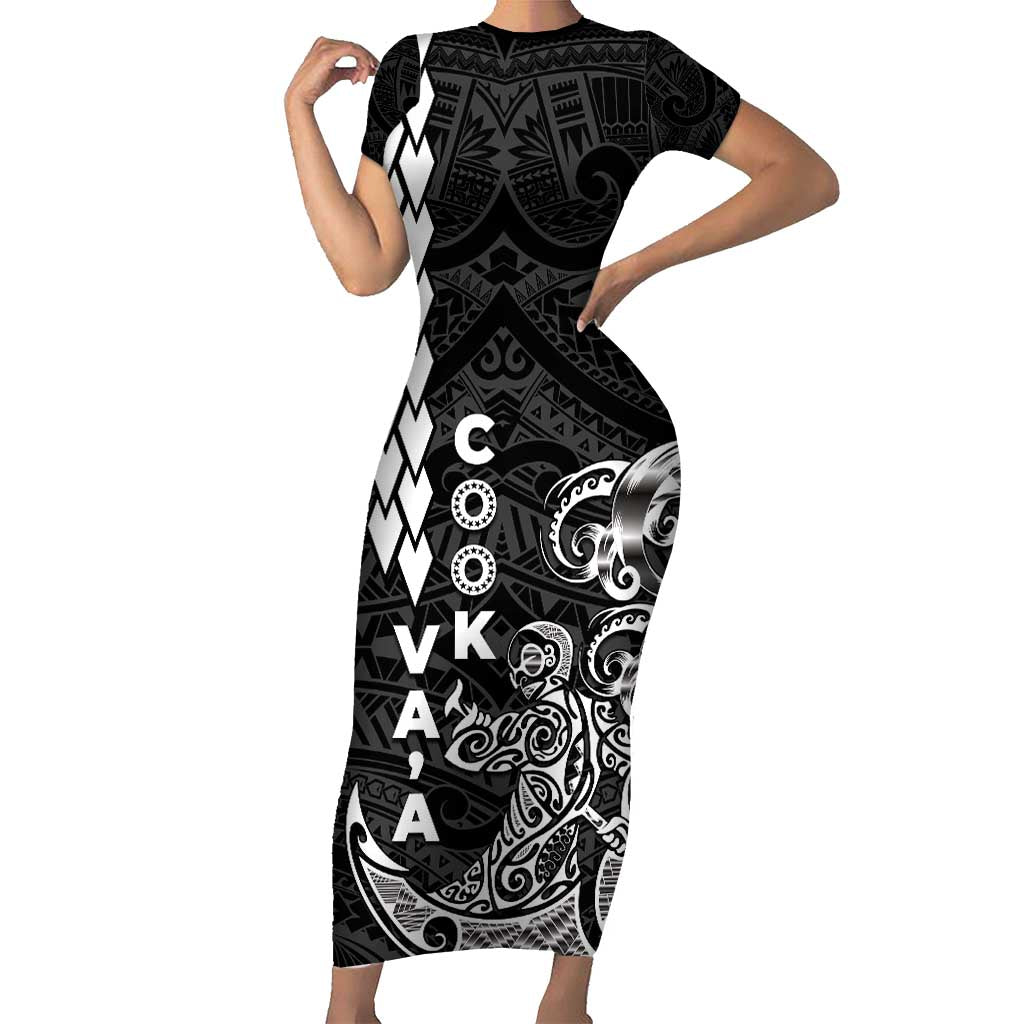 Cook Islands Va'a Polynesian Art Tattoo Short Sleeve Bodycon Dress Black Color LT03 Long Dress Black - Polynesian Pride
