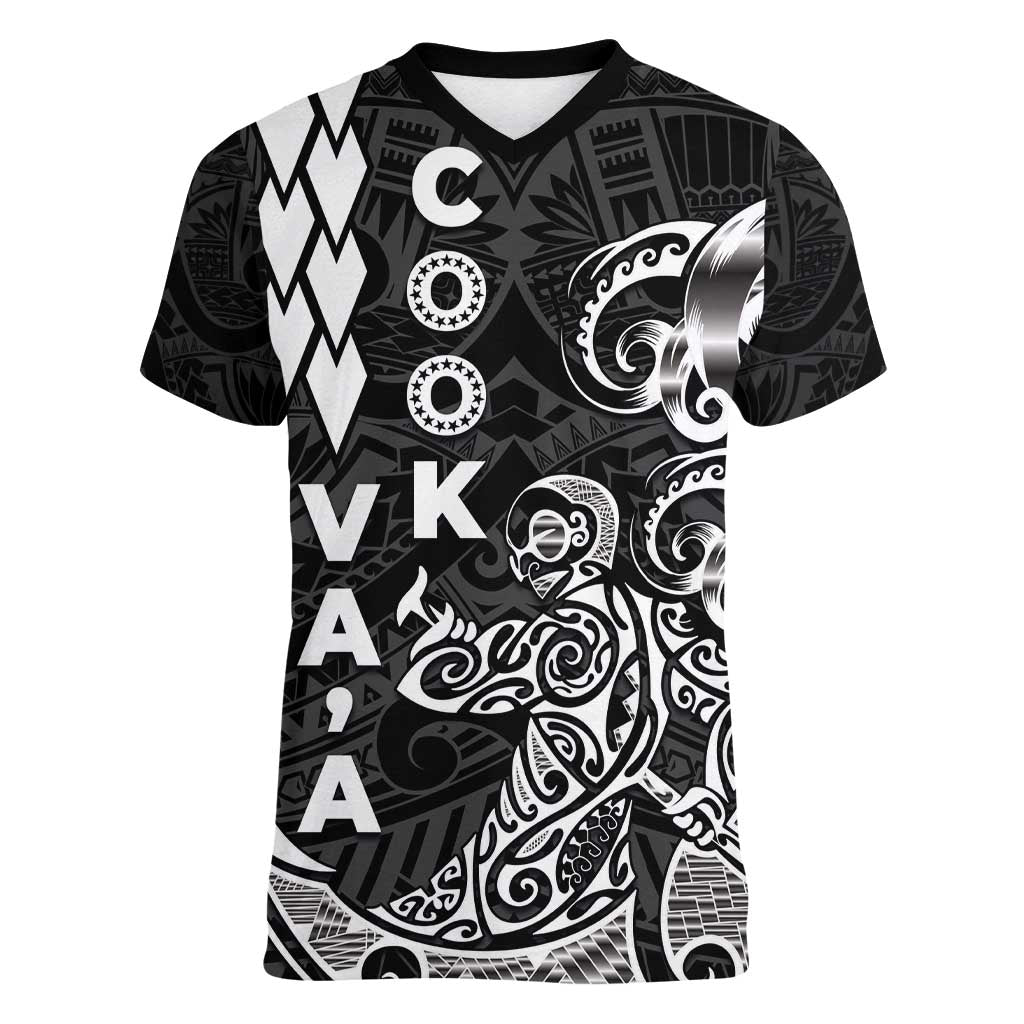Cook Islands Va'a Polynesian Art Tattoo Women V-Neck T-Shirt Black Color LT03 Female Black - Polynesian Pride
