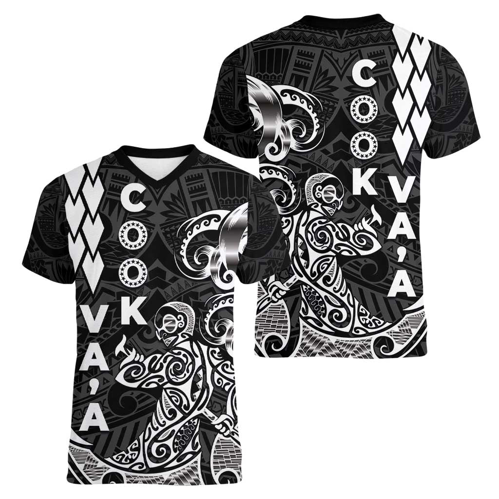 Cook Islands Va'a Polynesian Art Tattoo Women V-Neck T-Shirt Black Color LT03 - Polynesian Pride