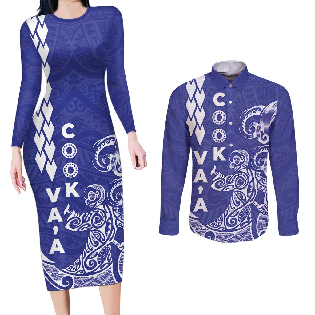Cook Islands Vaa Polynesian Art Tattoo Couples Matching Long Sleeve Bodycon Dress and Long Sleeve Button Shirt Blue Color