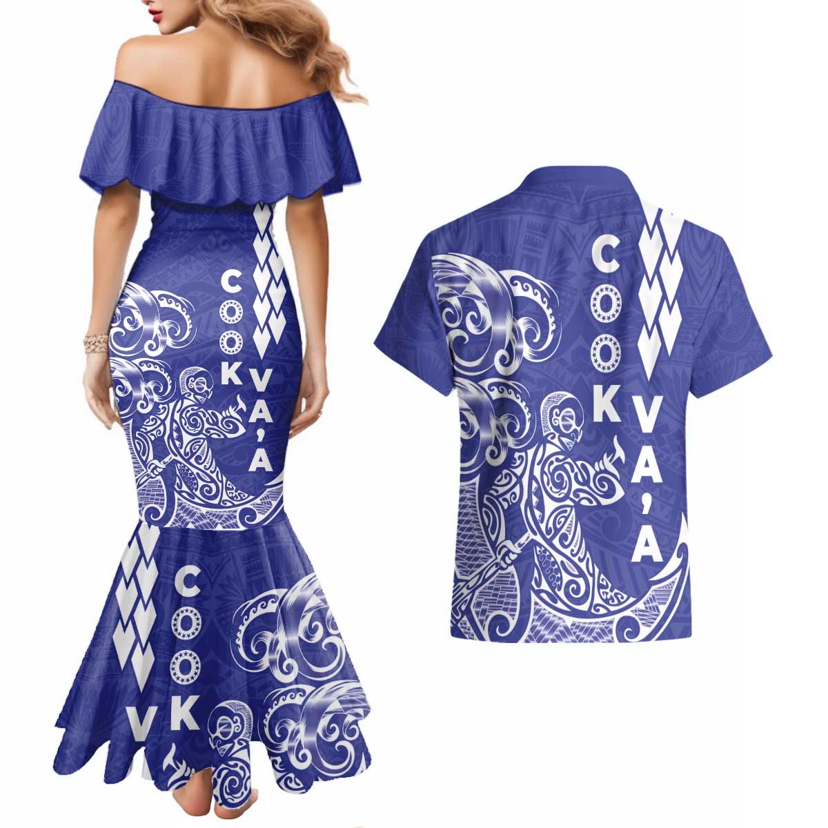 Cook Islands Vaa Polynesian Art Tattoo Couples Matching Mermaid Dress and Hawaiian Shirt Blue Color