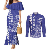 Cook Islands Vaa Polynesian Art Tattoo Couples Matching Mermaid Dress and Long Sleeve Button Shirt Blue Color