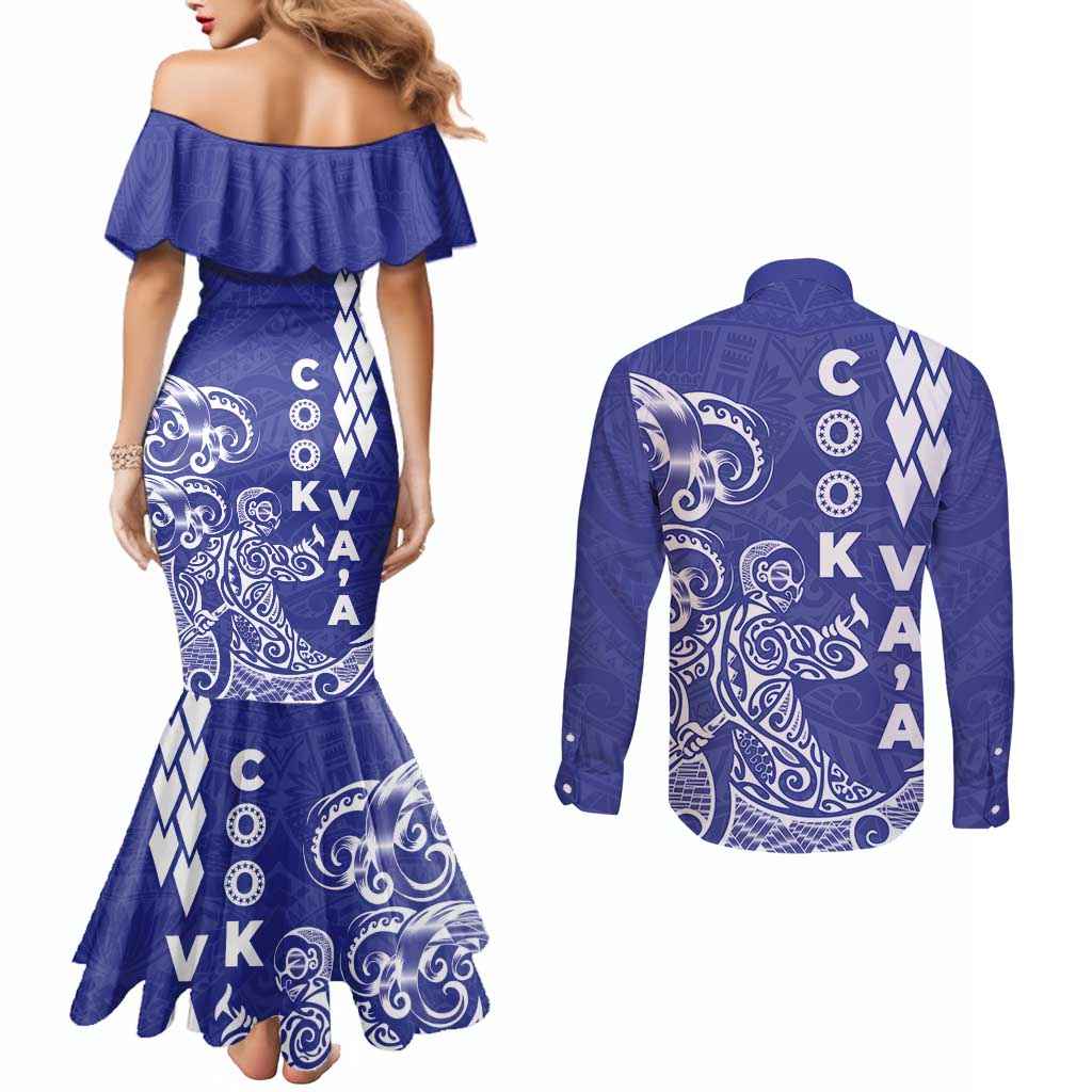 Cook Islands Vaa Polynesian Art Tattoo Couples Matching Mermaid Dress and Long Sleeve Button Shirt Blue Color