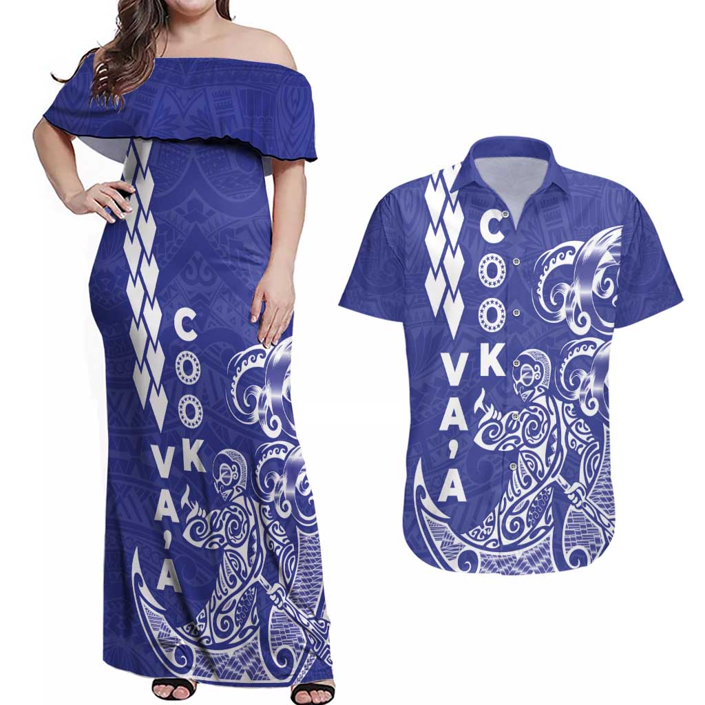 Cook Islands Va'a Polynesian Art Tattoo Couples Matching Off Shoulder Maxi Dress and Hawaiian Shirt Blue Color LT03 Blue - Polynesian Pride