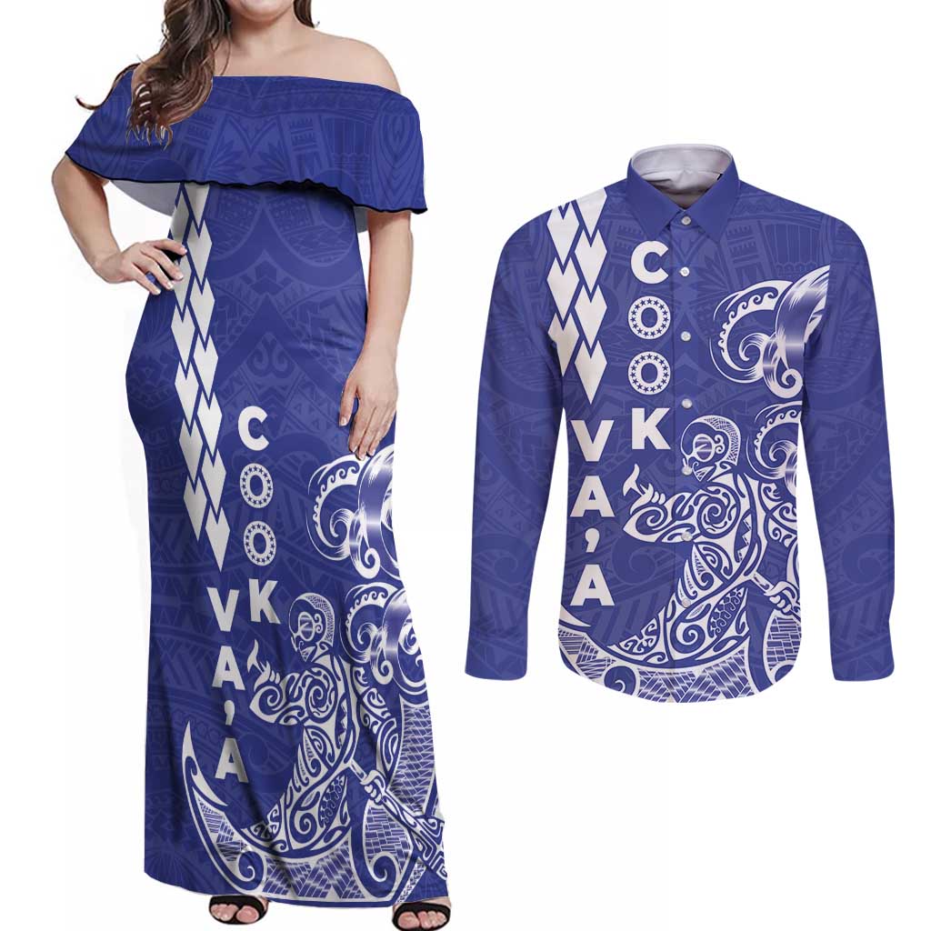 Cook Islands Vaa Polynesian Art Tattoo Couples Matching Off Shoulder Maxi Dress and Long Sleeve Button Shirt Blue Color