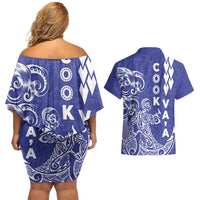 Cook Islands Vaa Polynesian Art Tattoo Couples Matching Off Shoulder Short Dress and Hawaiian Shirt Blue Color