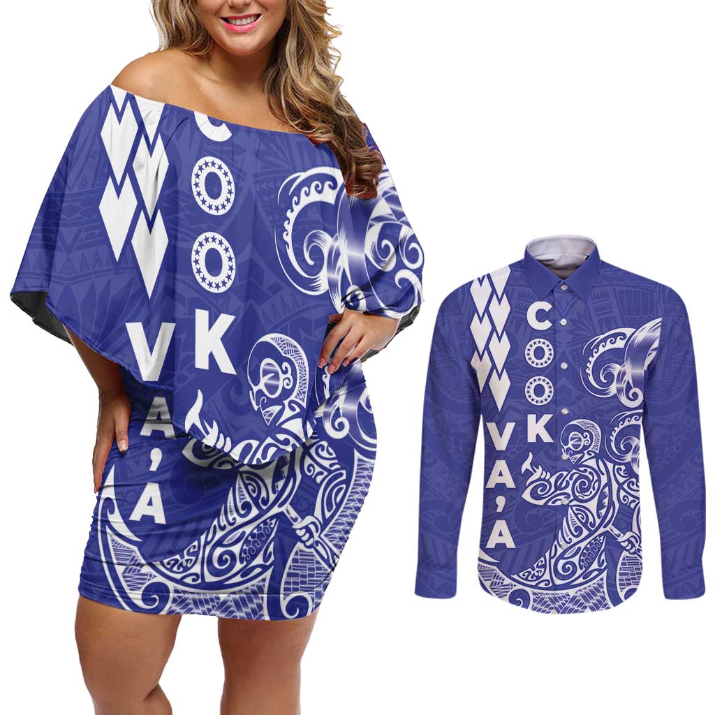 Cook Islands Vaa Polynesian Art Tattoo Couples Matching Off Shoulder Short Dress and Long Sleeve Button Shirt Blue Color