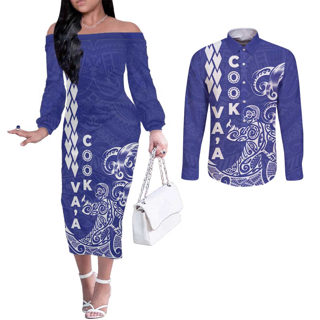 Cook Islands Vaa Polynesian Art Tattoo Couples Matching Off The Shoulder Long Sleeve Dress and Long Sleeve Button Shirt Blue Color