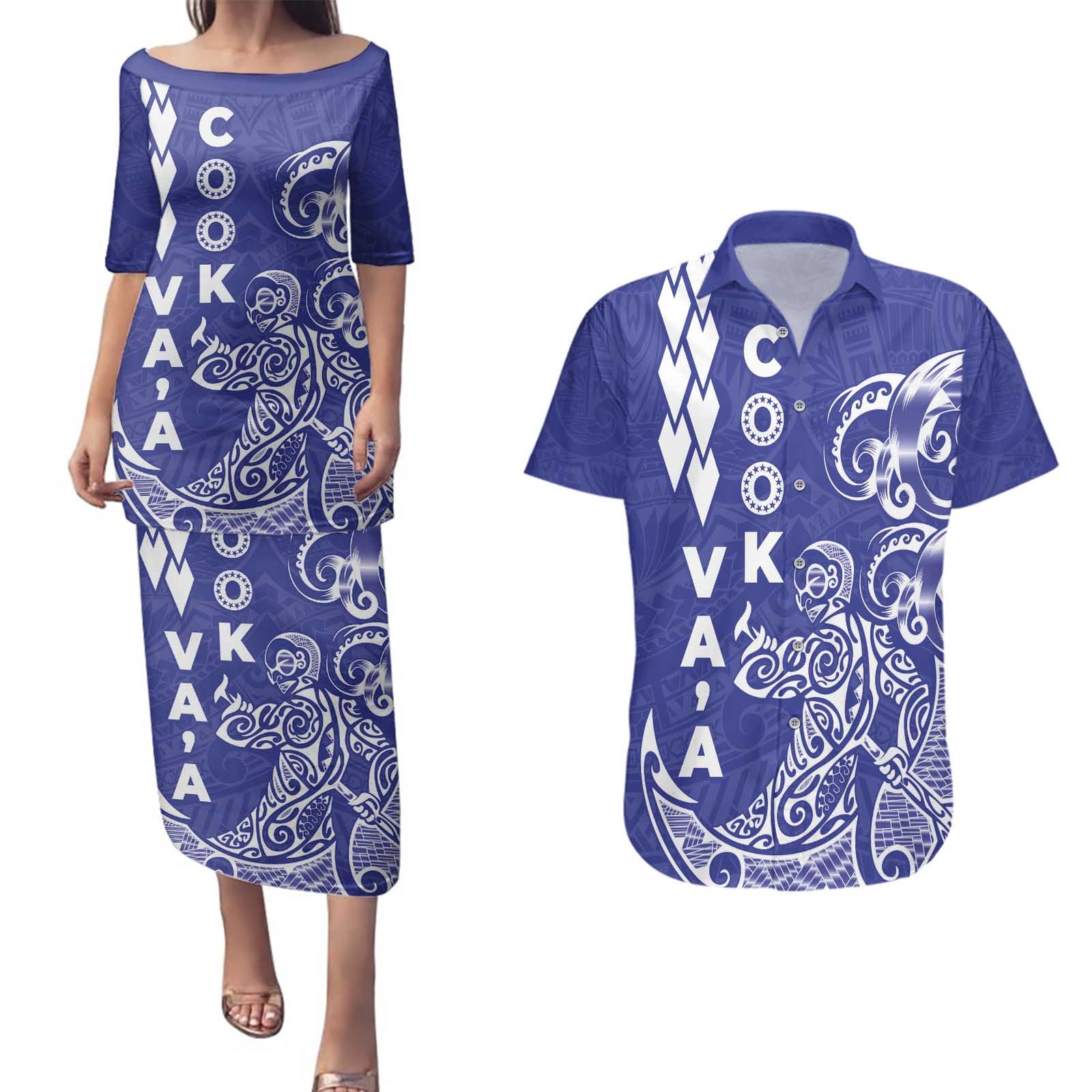 Cook Islands Vaa Polynesian Art Tattoo Couples Matching Puletasi and Hawaiian Shirt Blue Color