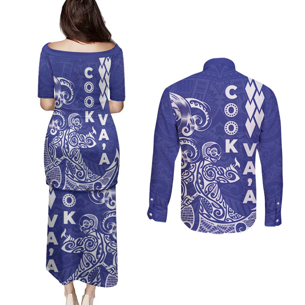 Cook Islands Vaa Polynesian Art Tattoo Couples Matching Puletasi and Long Sleeve Button Shirt Blue Color