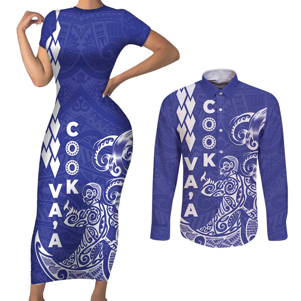 Cook Islands Vaa Polynesian Art Tattoo Couples Matching Short Sleeve Bodycon Dress and Long Sleeve Button Shirt Blue Color