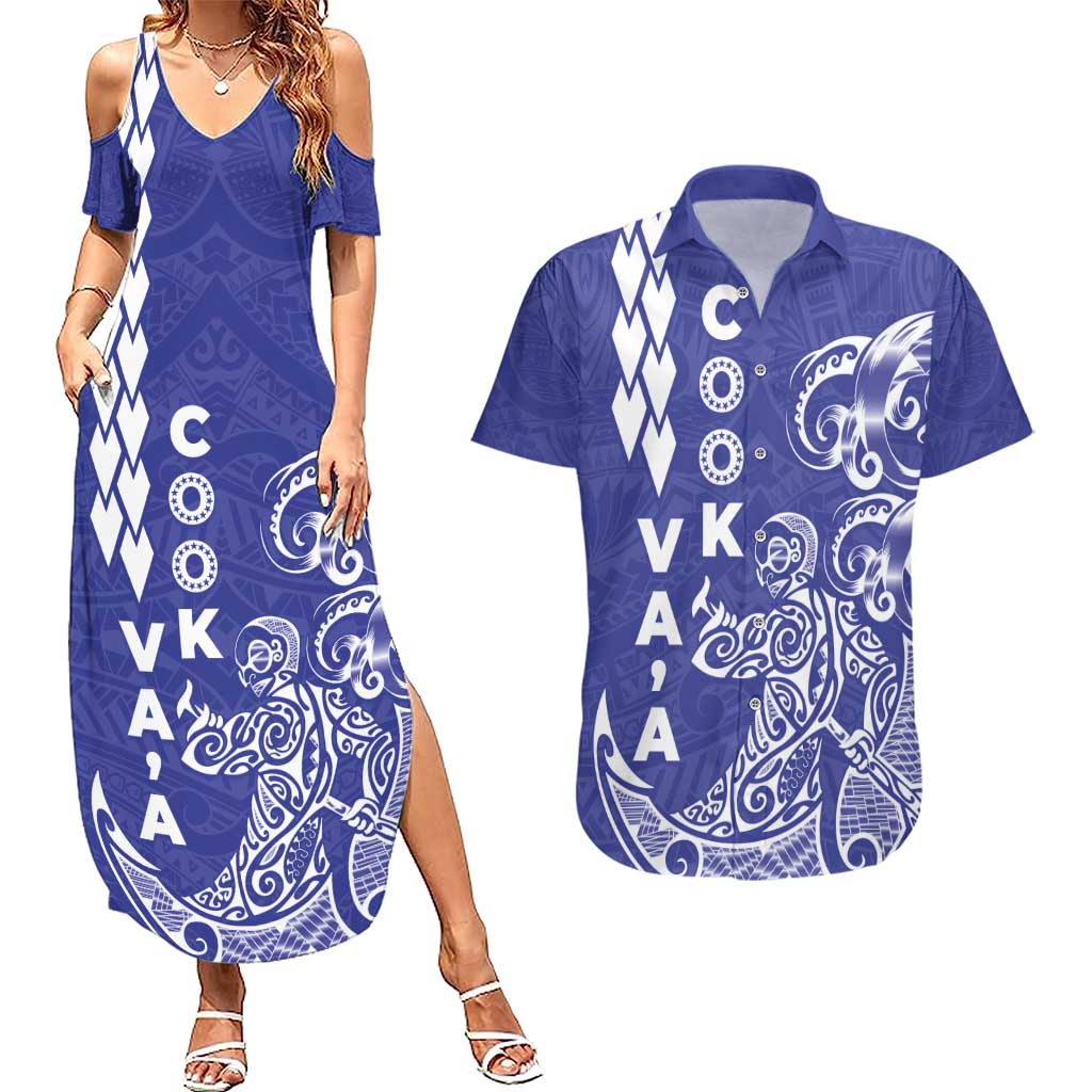 Cook Islands Vaa Polynesian Art Tattoo Couples Matching Summer Maxi Dress and Hawaiian Shirt Blue Color