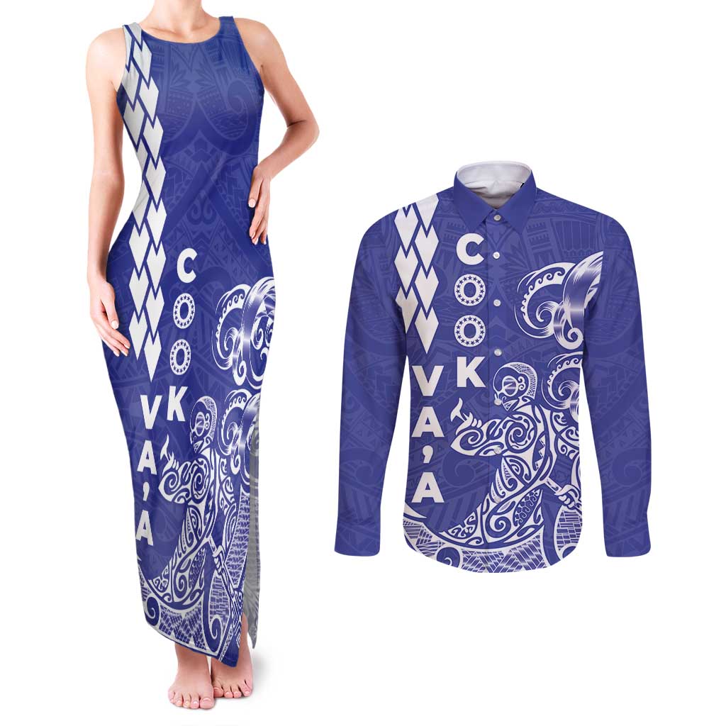 Cook Islands Vaa Polynesian Art Tattoo Couples Matching Tank Maxi Dress and Long Sleeve Button Shirt Blue Color