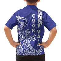 Cook Islands Vaa Polynesian Art Tattoo Family Matching Off The Shoulder Long Sleeve Dress and Hawaiian Shirt Blue Color