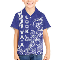 Cook Islands Vaa Polynesian Art Tattoo Family Matching Off The Shoulder Long Sleeve Dress and Hawaiian Shirt Blue Color