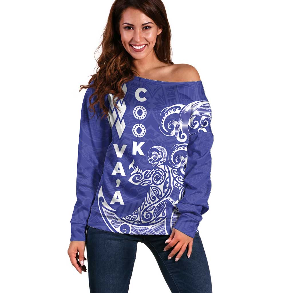 Cook Islands Vaa Polynesian Art Tattoo Off Shoulder Sweater Blue Color