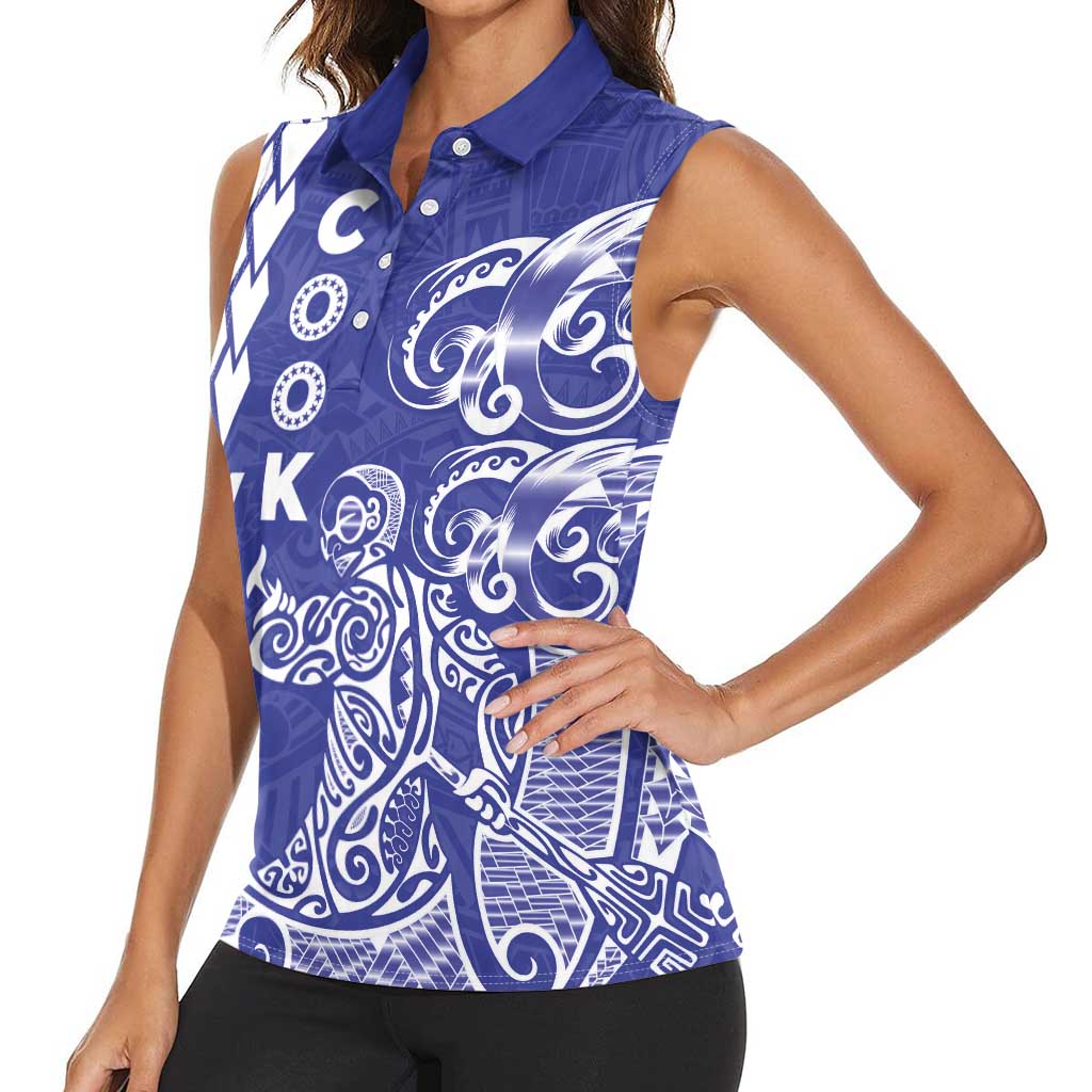 Cook Islands Va'a Polynesian Art Tattoo Women Sleeveless Polo Shirt Blue Color LT03 - Polynesian Pride