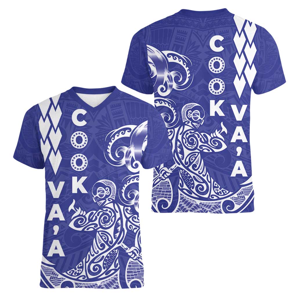 Cook Islands Va'a Polynesian Art Tattoo Women V-Neck T-Shirt Blue Color LT03 - Polynesian Pride