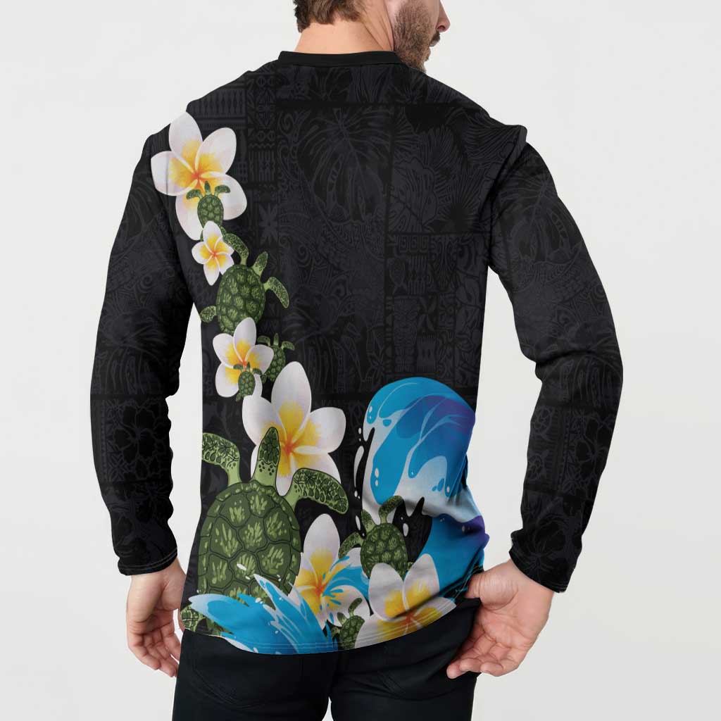 Hawaiian Plumeria and Turtle Button Sweatshirt with Polynesian Tribal Art Pattern Vintage Vibes