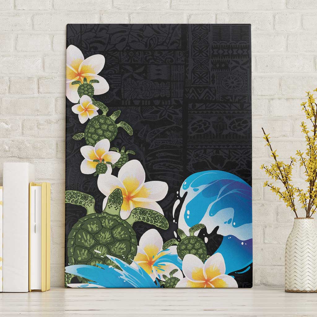 Hawaiian Plumeria and Turtle Canvas Wall Art with Polynesian Tribal Art Pattern Vintage Vibes