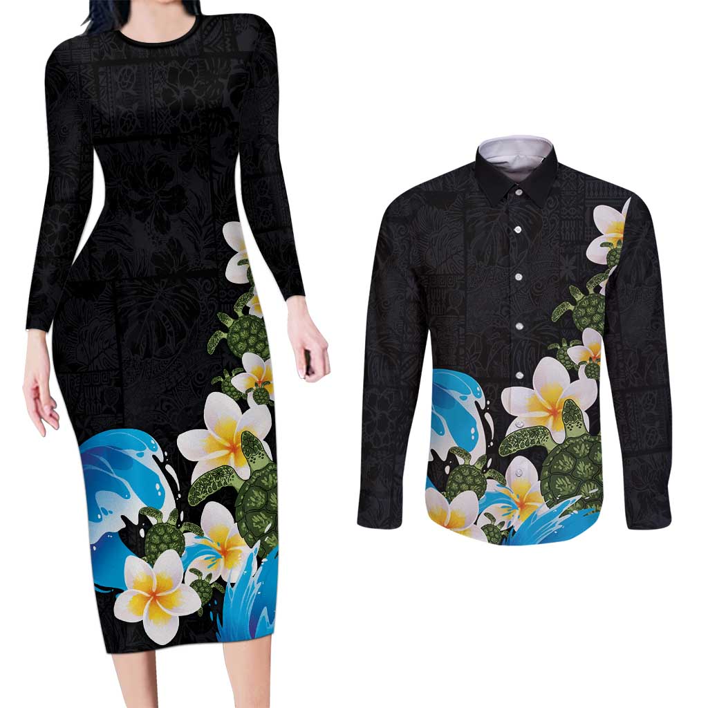Hawaiian Plumeria and Turtle Couples Matching Long Sleeve Bodycon Dress and Long Sleeve Button Shirt with Polynesian Tribal Art Pattern Vintage Vibes