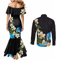 Hawaiian Plumeria and Turtle Couples Matching Mermaid Dress and Long Sleeve Button Shirt with Polynesian Tribal Art Pattern Vintage Vibes