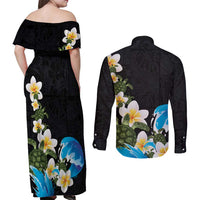 Hawaiian Plumeria and Turtle Couples Matching Off Shoulder Maxi Dress and Long Sleeve Button Shirt with Polynesian Tribal Art Pattern Vintage Vibes