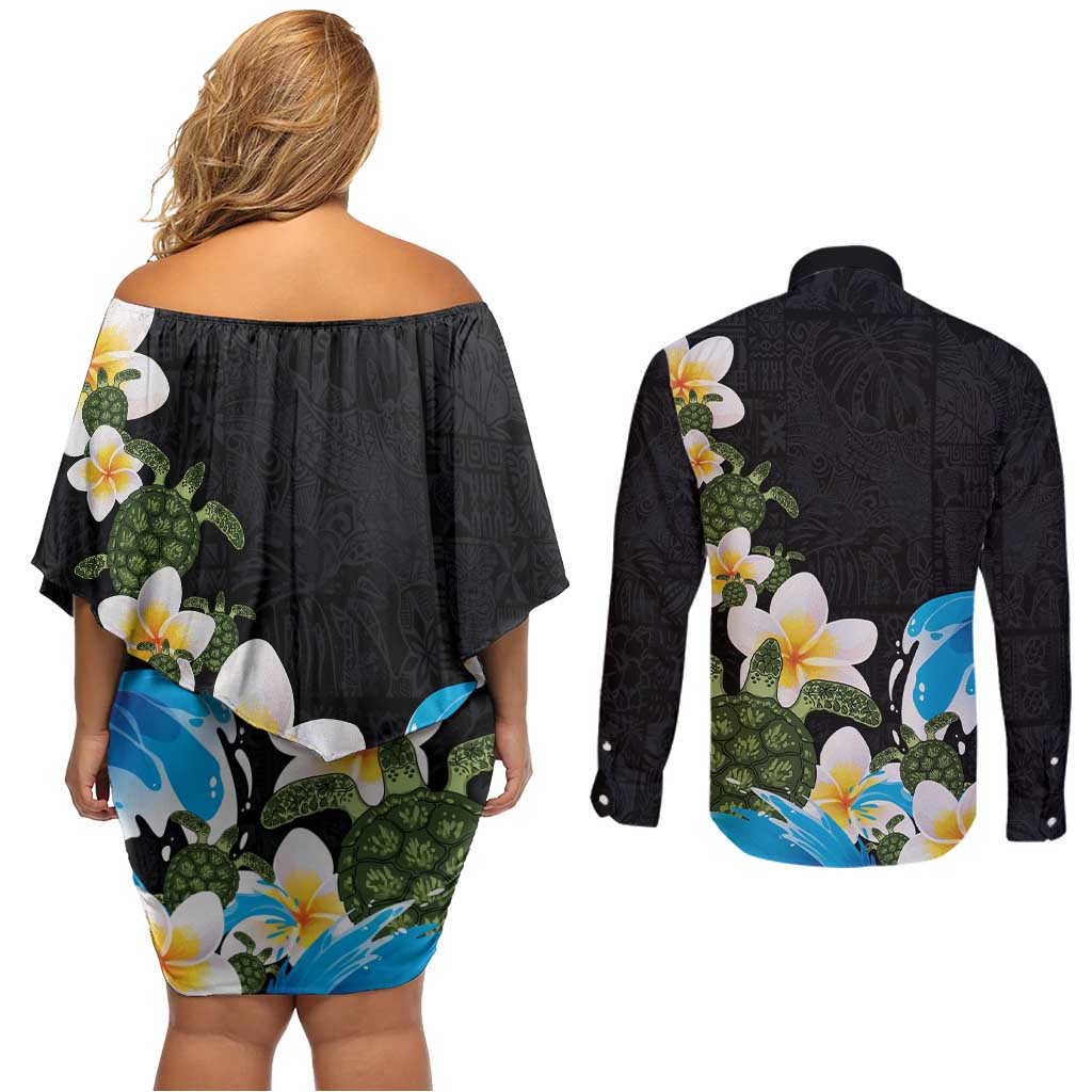 Hawaiian Plumeria and Turtle Couples Matching Off Shoulder Short Dress and Long Sleeve Button Shirt with Polynesian Tribal Art Pattern Vintage Vibes
