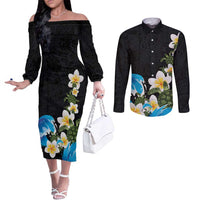Hawaiian Plumeria and Turtle Couples Matching Off The Shoulder Long Sleeve Dress and Long Sleeve Button Shirt with Polynesian Tribal Art Pattern Vintage Vibes