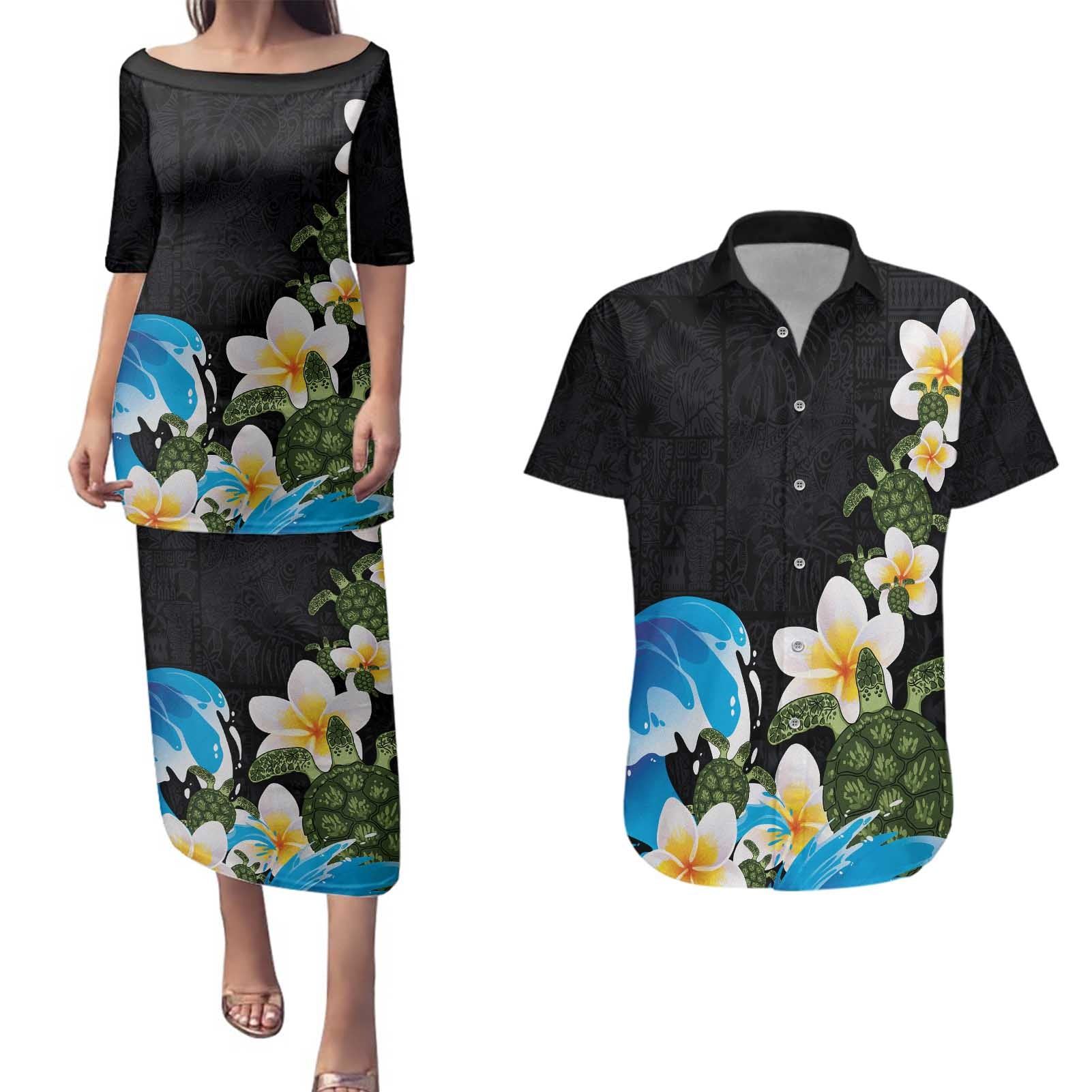 Hawaiian Plumeria and Turtle Couples Matching Puletasi and Hawaiian Shirt with Polynesian Tribal Art Pattern Vintage Vibes