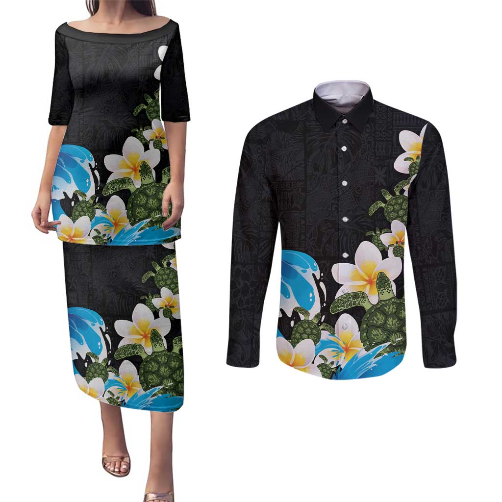 Hawaiian Plumeria and Turtle Couples Matching Puletasi and Long Sleeve Button Shirt with Polynesian Tribal Art Pattern Vintage Vibes