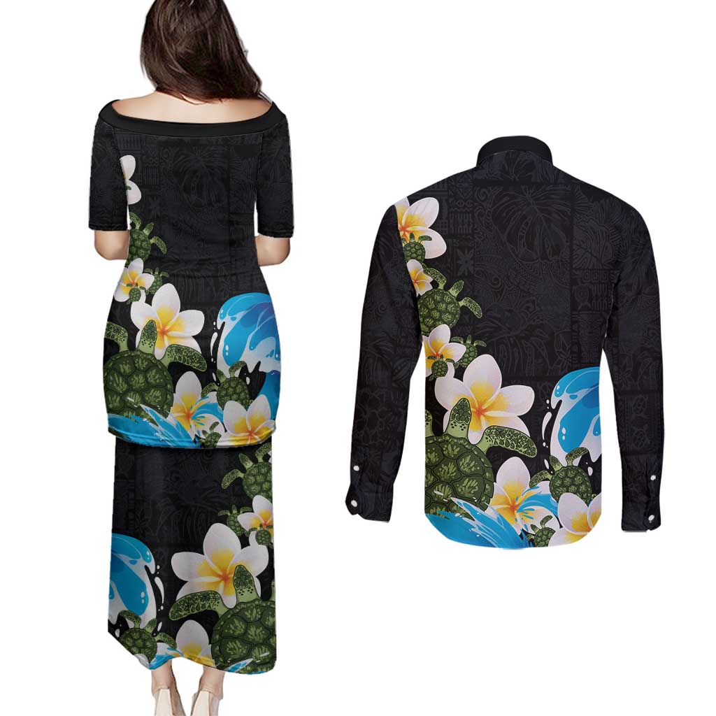 Hawaiian Plumeria and Turtle Couples Matching Puletasi and Long Sleeve Button Shirt with Polynesian Tribal Art Pattern Vintage Vibes