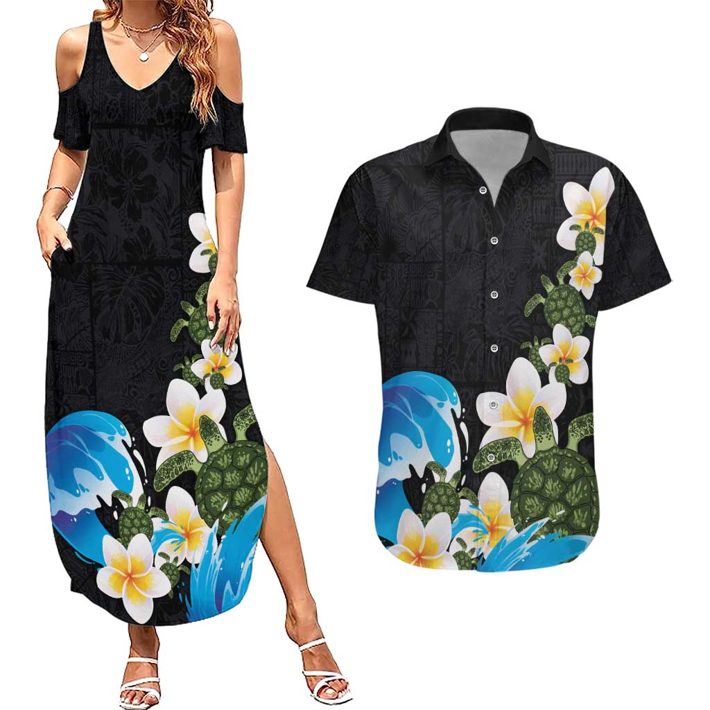 Hawaiian Plumeria and Turtle Couples Matching Summer Maxi Dress and Hawaiian Shirt with Polynesian Tribal Art Pattern Vintage Vibes