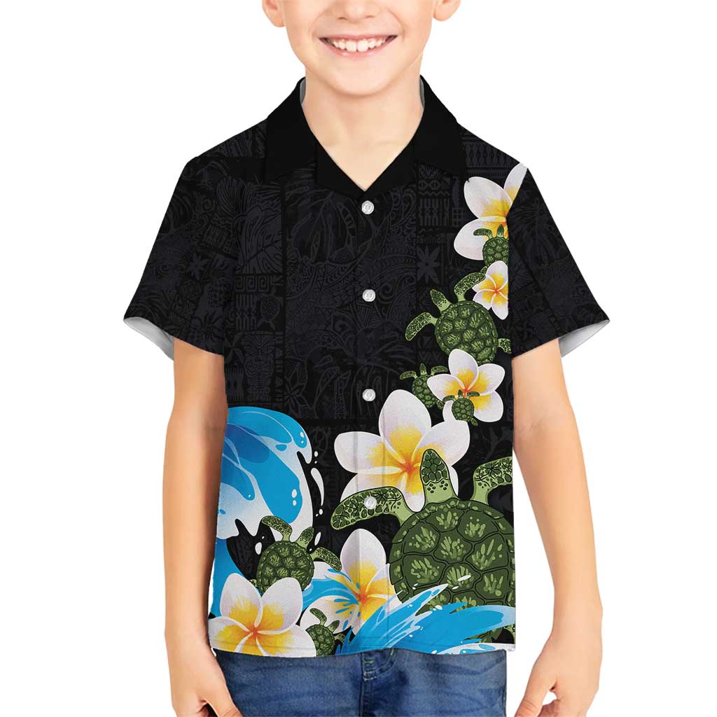 Hawaiian Plumeria and Turtle Family Matching Long Sleeve Bodycon Dress and Hawaiian Shirt with Polynesian Tribal Art Pattern Vintage Vibes LT03 Son's Shirt Black - Polynesian Pride
