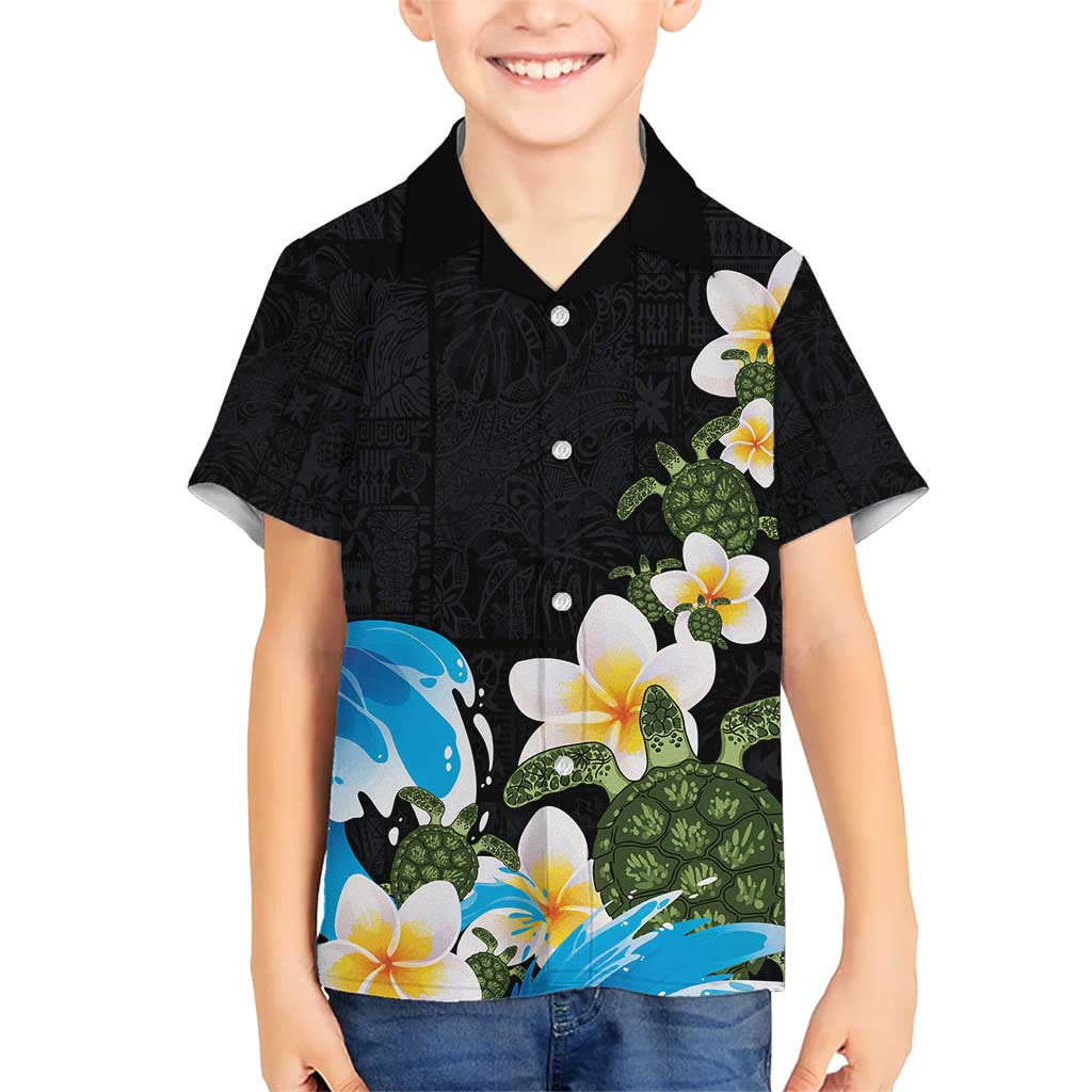 Hawaiian Plumeria and Turtle Kid Hawaiian Shirt with Polynesian Tribal Art Pattern Vintage Vibes LT03 Kid Black - Polynesian Pride