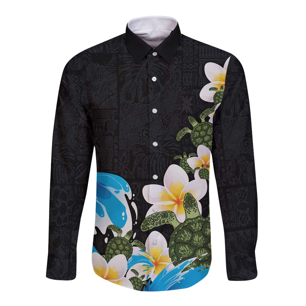 Hawaiian Plumeria and Turtle Long Sleeve Button Shirt with Polynesian Tribal Art Pattern Vintage Vibes LT03 Unisex Black - Polynesian Pride
