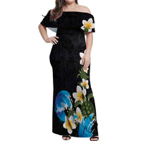 Hawaiian Plumeria and Turtle Off Shoulder Maxi Dress with Polynesian Tribal Art Pattern Vintage Vibes