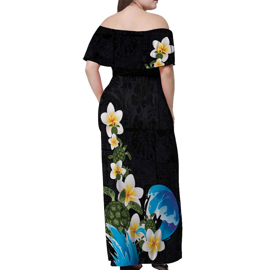 Hawaiian Plumeria and Turtle Off Shoulder Maxi Dress with Polynesian Tribal Art Pattern Vintage Vibes